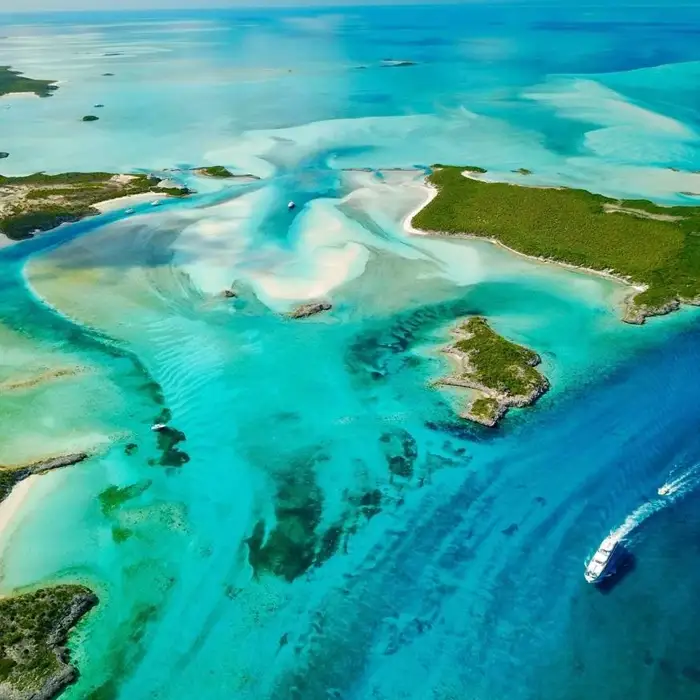 Aerial view of the Exuma Cays Land and Sea Park in the Bahamas